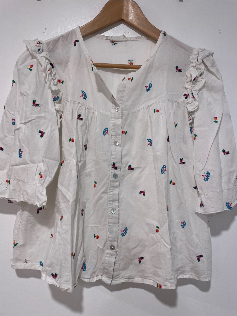 White Embroidered Button-Front Women's Top